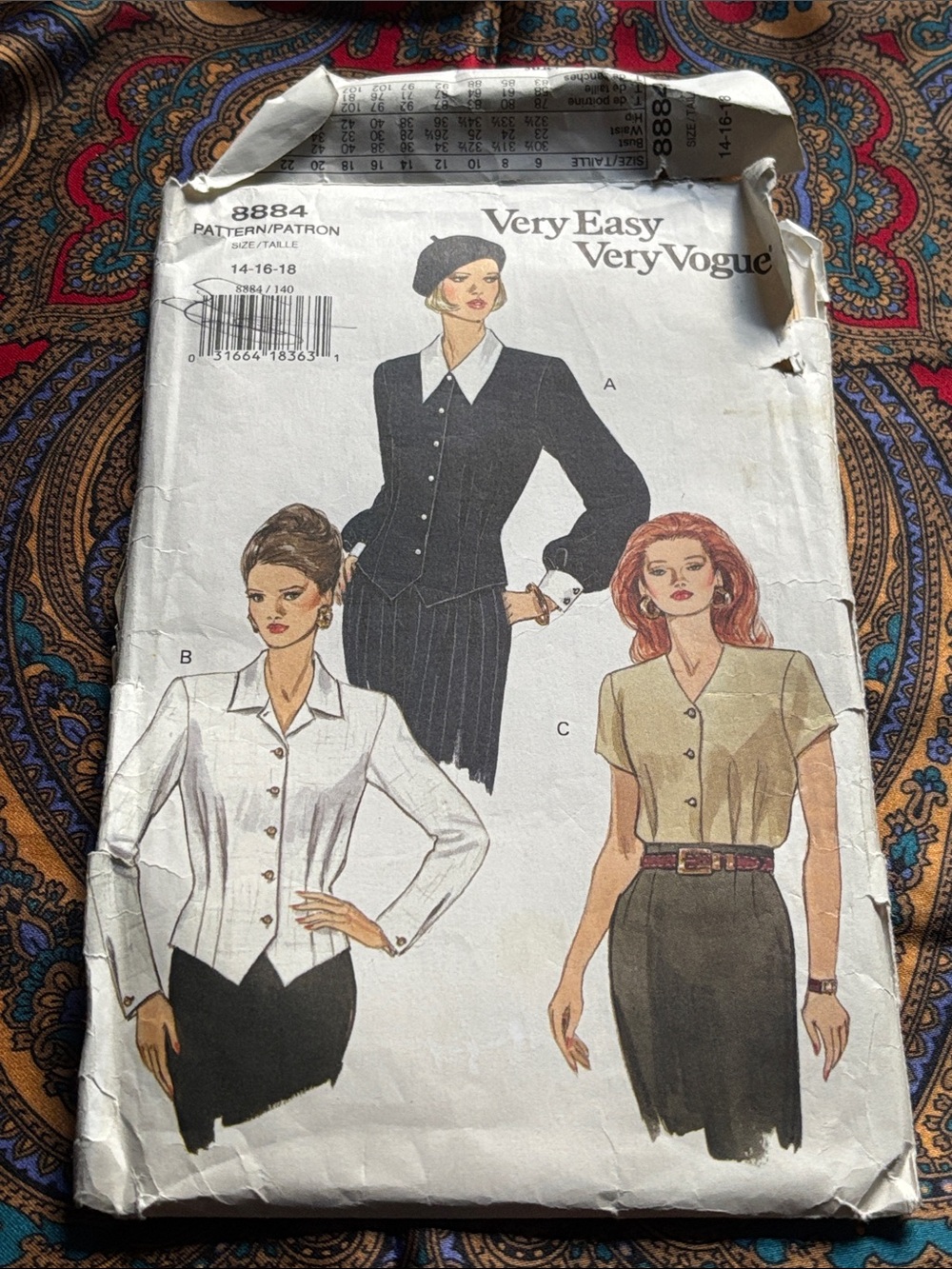 Vintage Vogue 3884 Very Easy Very Vogue Blouse Pattern Sizes 14 16 18